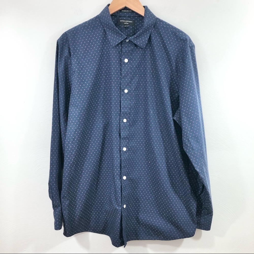 BANANA REPUBLIC FACTORY Navy Blue Print Standard Fit Non Iron Button Up XL